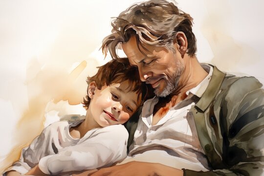 Watercolor father and his little son portrait. AI generative