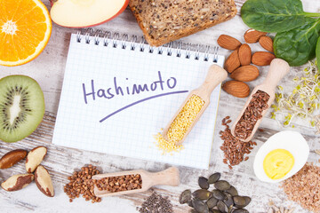 Nutritious ingredients and inscription hashimoto. Healthy food containing vitamins. Problems with thyroid concept