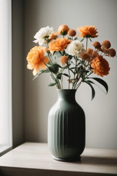 Beautiful gray ceramic vase with fresh flowers near the windowsill on a white background. Minimalistic interior, details.