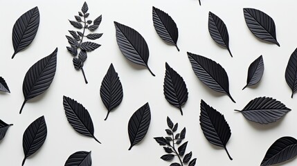 Detailed and artistic black leaves arranged in a flat lay composition, ready to enhance 