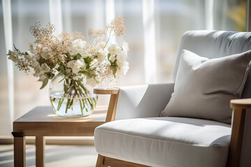 Close-up of a white chair and flowers on a sunny day, selective focus