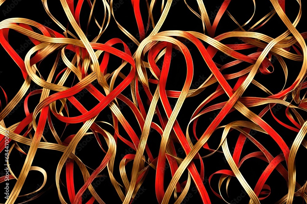 Wall mural Abstract background for Valentine's Day featuring intertwining red and gold ribbons in heart shapes, set against a black backdrop, representing the complexity and richness of love