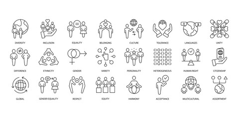 Diversity icons set. Set of editable stroke icons.Vector set of Diversity