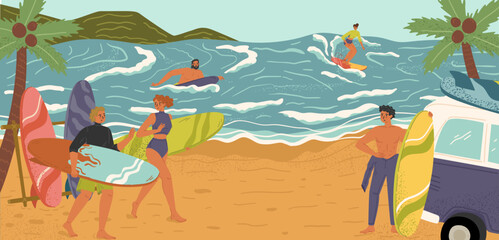 People rest on seaside enjoying surfing water activities - obrazy, fototapety, plakaty