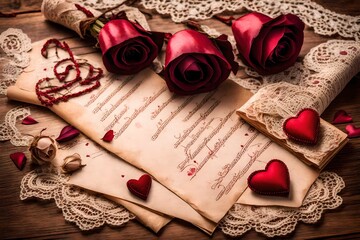 Naklejka na ściany i meble Valentine's setting with antique lace hearts, old-fashioned love letters, and dried roses on a parchment background, for a nostalgic and timeless love feel