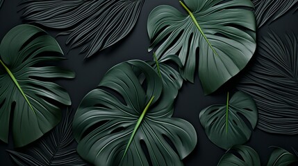 Flat lay arrangement of abstract black leaves on a tropical surface, offering a unique and visually appealing nature-inspired design.