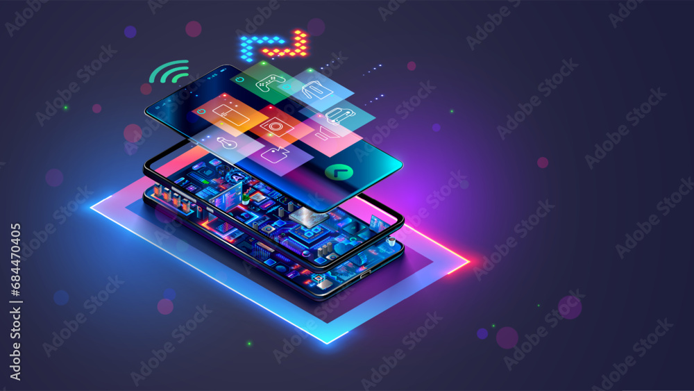 Poster Smart home IOT system isometric concept. Icons domestic devices on screen smart phone in neon light. Electronic devices inside phone. Mobile app of Wireless control IOT smart home. Internet of things