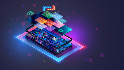 Smart home IOT system isometric concept. Icons domestic devices on screen smart phone in neon light. Electronic devices inside phone. Mobile app of Wireless control IOT smart home. Internet of things