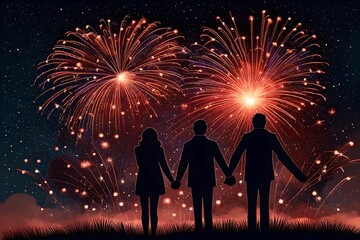 Fototapeta na wymiar Heart-shaped fireworks display illuminating the night sky, with silhouettes of couples watching and celebrating love.