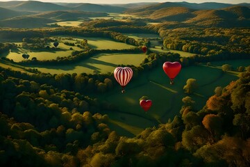 Couple enjoying a Valentine's Day  air balloon ride, with panoramic views of a landscape adorned with heart-shaped decorations.