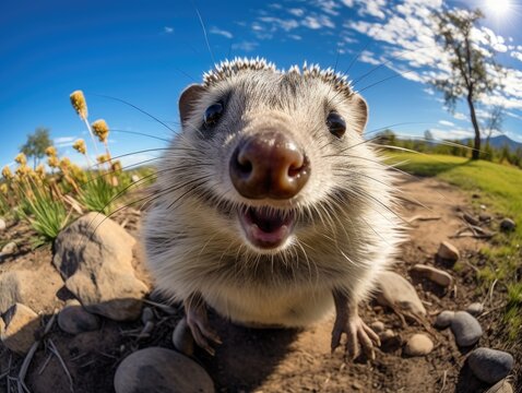 Close up portrait of a hedgehog. Detailed image of the muzzle. A wild animal in its natural habitat is looking at something. Curious look. Illustration with distorted fisheye effect for design.