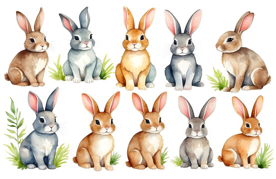 set of watercolor cute safari rabbits isolated on transparent background