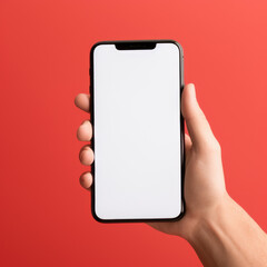 Smartphone mockap. A man's hand is holding a phone on an red background. The screen is blank.