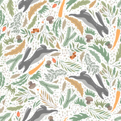 Seamless pattern vs grey hares, forest background