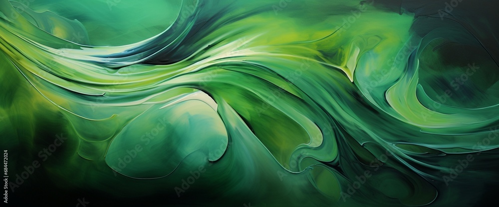 Poster swirling patterns of metallic lime green and deep forest green, creating a lively and organic abstra