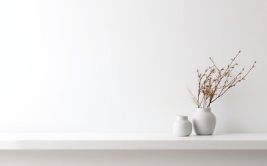 minimal design interior room with vase decorate on shelf and white wall background - obrazy, fototapety, plakaty