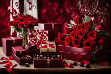 Lavish Valentine's Day gift display with luxurious jewelry boxes, gourmet chocolates, and a bouquet of deep red roses