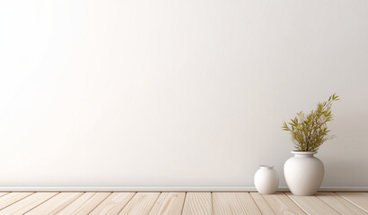 minimal design interior room with vase decorate on wooden floor on white wall background - 684472017