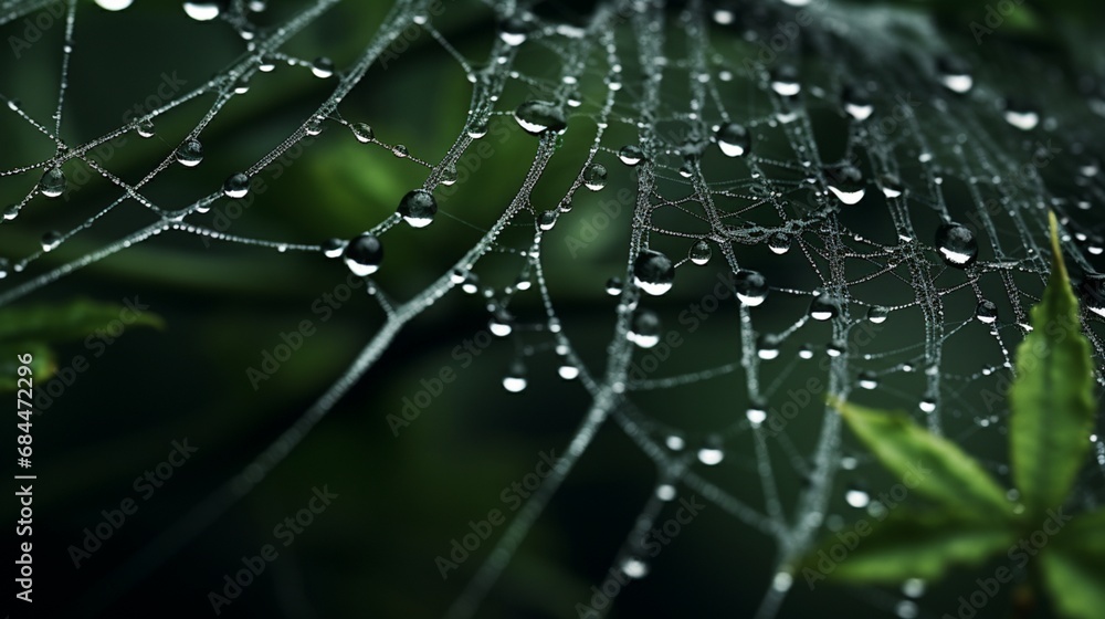 Poster the intricate patterns of raindrops on a spiderweb stretched between two delicate branches, a beauti