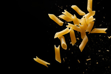 Pasta falls on a dark background