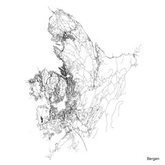 Bergen city map with roads and streets, Norway. Vector outline illustration.