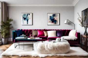 Contemporary living area with a snug, velvet sofa, vibrant pillows against a wall perfect for copy, and a cozy white sheepskin throw for a touch of elegance