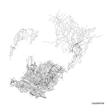 Lausanne city map with roads and streets, Switzerland. Vector outline illustration.