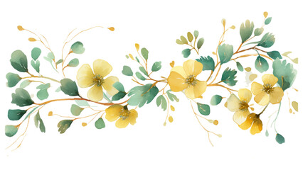 Floral and leaf card. watercolor design. For banners, posters, invitations, Watercolor flora green & gold leaf branches collection floral pattern.