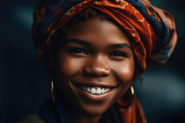 A joyful black  woman with a colorful turban smiles at the camera
