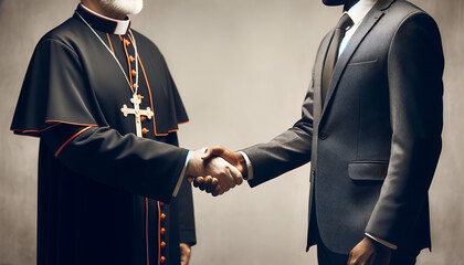 Church and State concept.A politician and priest shake hands.