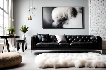 Urban-chic living room with a sleek, black leather sofa, decorative pillows against a wall with copy space, and a white sheepskin throw for a luxurious feel