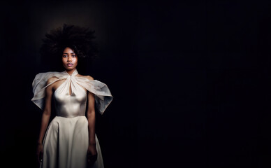 Young black woman with a big afro wearing a white silk dress on a dark background.