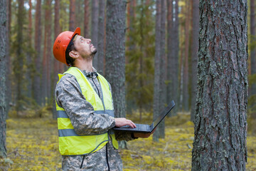 Fototapeta premium A European man, a forest engineer, works in the forest with a computer. Ecologist look up at the trees.