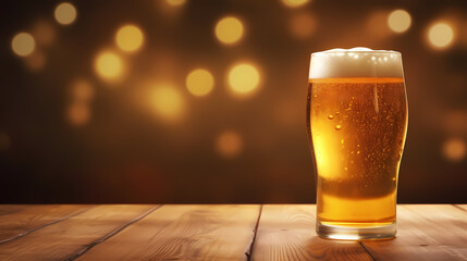 
Fresh cold beer on wooden floor on gold background,PPT background

