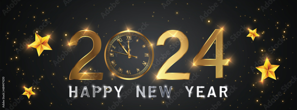 Poster happy new 2024 year elegant gold text with fireworks, clock and light. minimalistic text template..