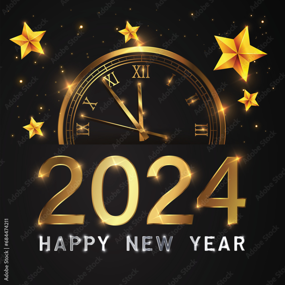Aufkleber happy new 2024 year elegant gold text with fireworks, clock and light. minimalistic text template...