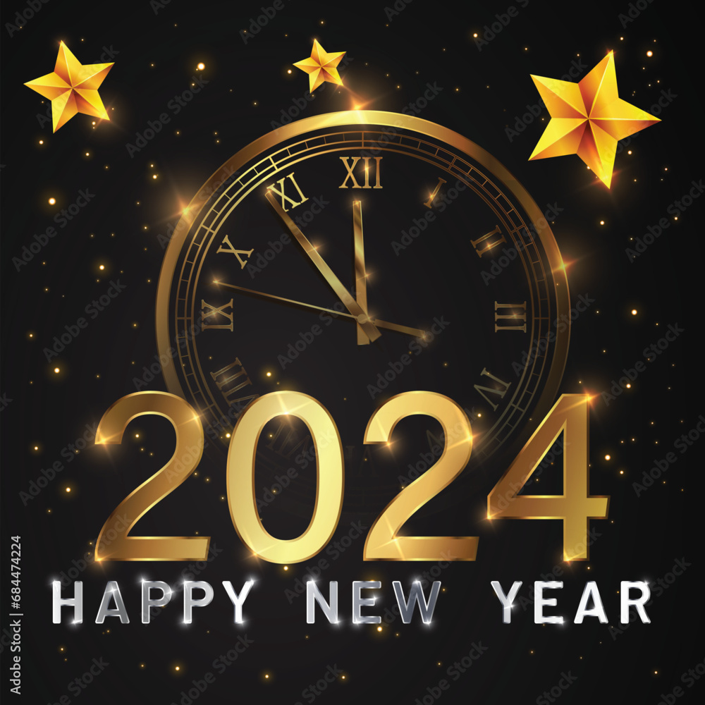 Poster happy new 2024 year elegant gold text with fireworks, clock and light. minimalistic text template..