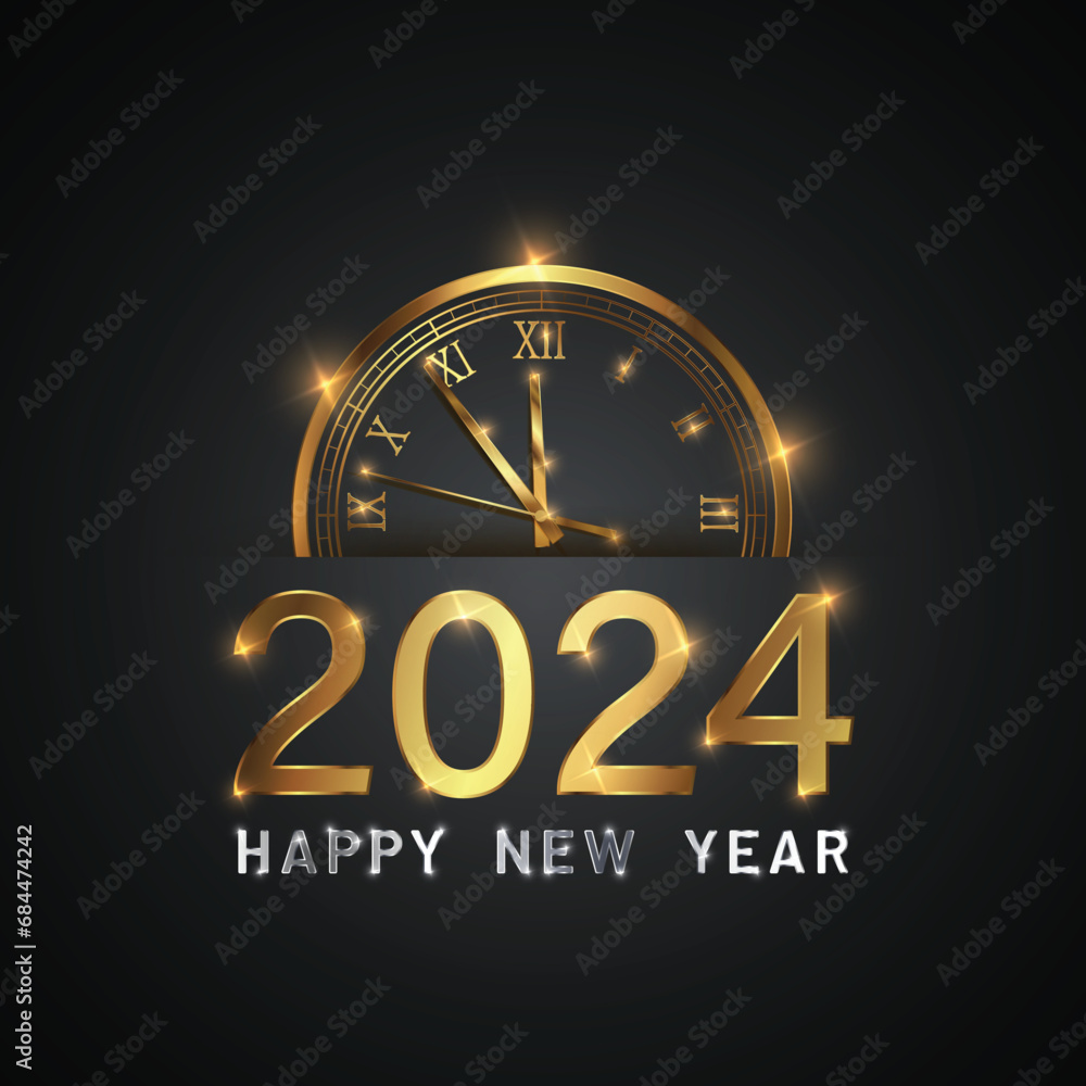 Poster happy new 2024 year elegant gold text with fireworks, clock and light. minimalistic text template..