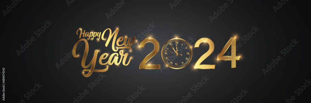 Aufkleber happy new 2024 year elegant gold text with fireworks, clock and light. minimalistic text template..