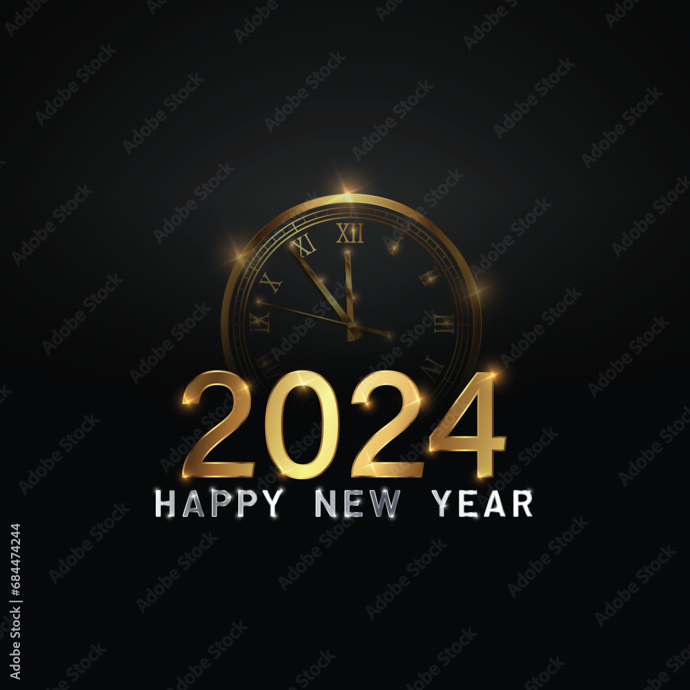 Aufkleber happy new 2024 year elegant gold text with fireworks, clock and light. minimalistic text template..