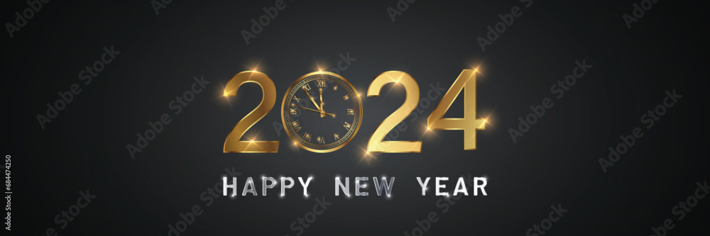 Aufkleber happy new 2024 year elegant gold text with fireworks, clock and light. minimalistic text template..