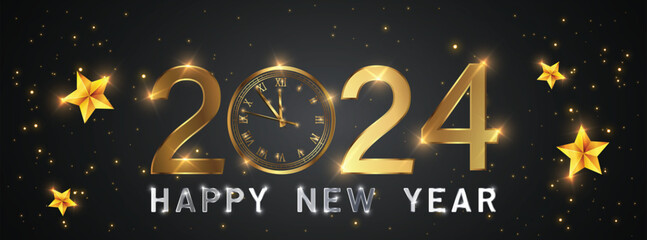 Happy new 2024 year Elegant gold text with fireworks, clock and light. Minimalistic text template..