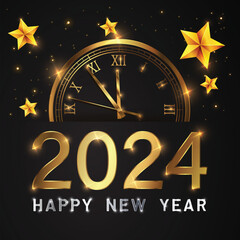 Happy new 2024 year Elegant gold text with fireworks, clock and light. Minimalistic text template...