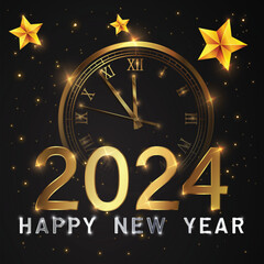 Happy new 2024 year Elegant gold text with fireworks, clock and light. Minimalistic text template..