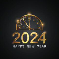 Obraz na płótnie Canvas Happy new 2024 year Elegant gold text with fireworks, clock and light. Minimalistic text template..