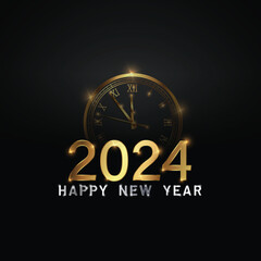 Fototapeta na wymiar Happy new 2024 year Elegant gold text with fireworks, clock and light. Minimalistic text template..