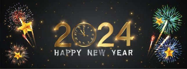 Fotobehang Happy new 2024 year Elegant gold text with fireworks, clock and light. Minimalistic text template. © TakDesign