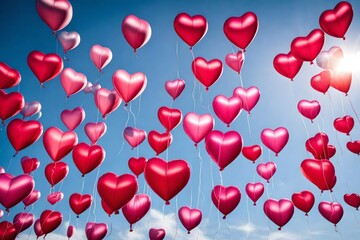 Fototapeta na wymiar Heart-shaped balloons in various shades of pink and red floating against a clear blue sky, symbolizing love and freedom