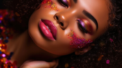 A close up of a beautifull black woman with eyes closed makeup and glitter on her face 