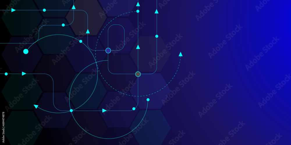Poster Abstract point and circle lines connection with hexagon shapes.  social networking. Big data visualization, communication technology background design.